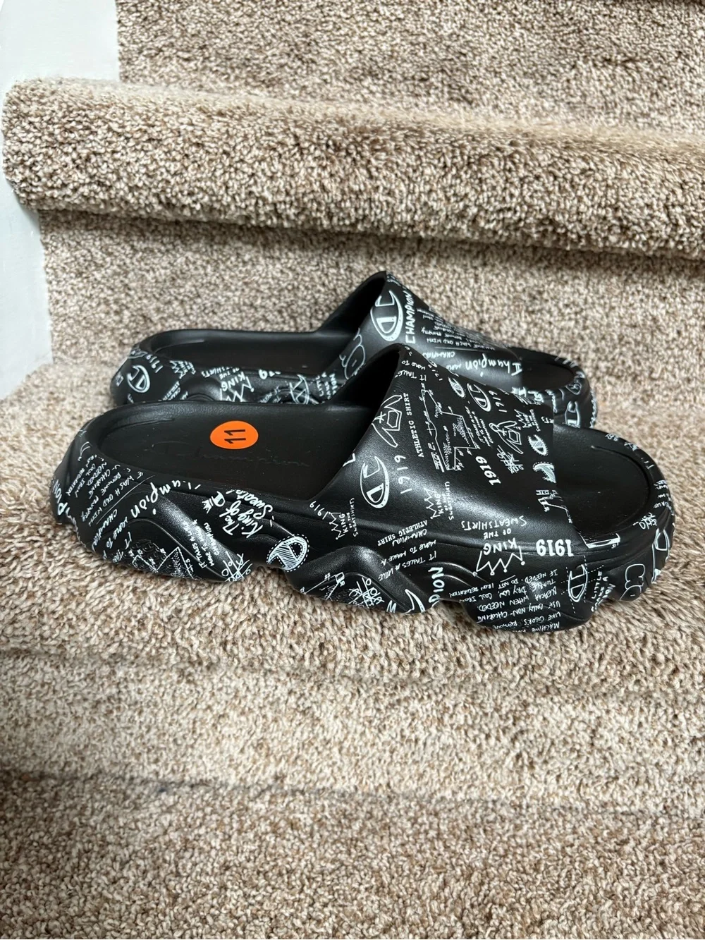 Champion Men’s Black Platform Slides with White Graphic Logo Print
